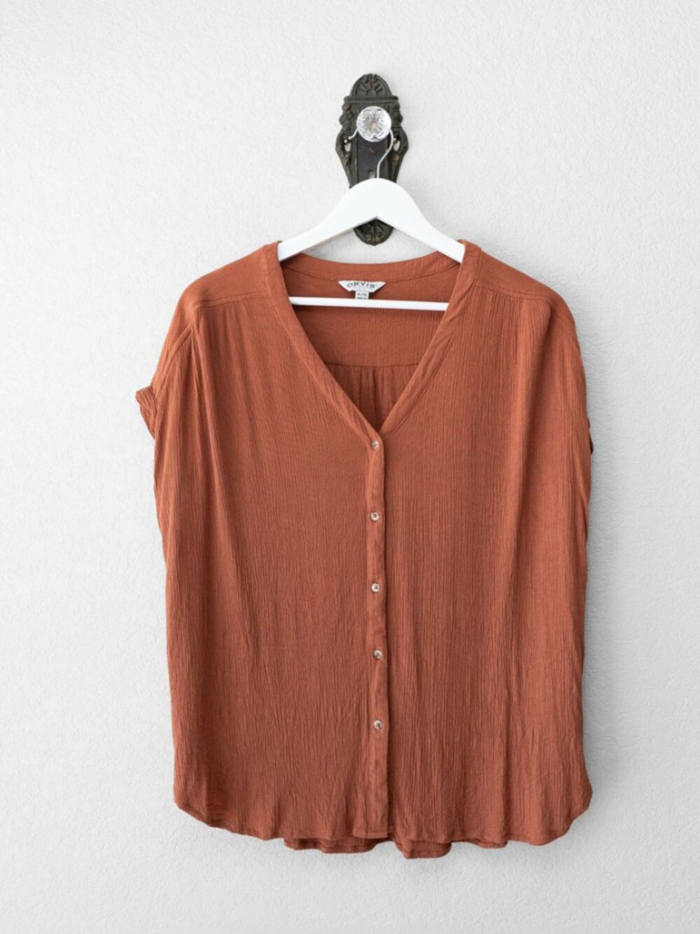 Orvis Shirt Womens XL Rust Brown 100% Rayon Button Front Crinkle Relaxed Blouse